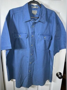 Men’s LL L.L. Bean Sunwashed Canvas Short Sleeve Button Shirt XL Blue 270135